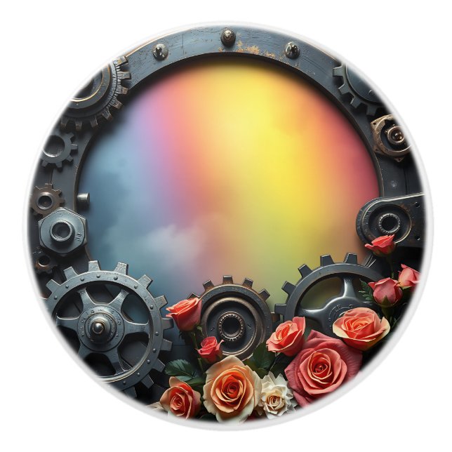 Pomo De Cerámica Engranajes Steampunk, Rosas y Arcoíris (Anverso)
