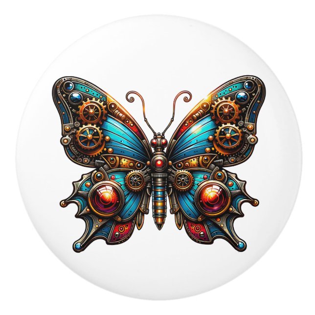 Pomo De Cerámica Engranajes Steampunk y Mariposa  (Anverso)