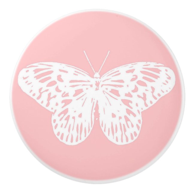 Pomo De Cerámica Esbozo de mariposa, rosa concha y blanco (Anverso)