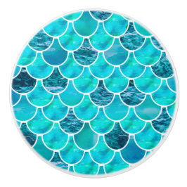 Pomo De Cerámica Escalas de sirena azul turquesa y blanca