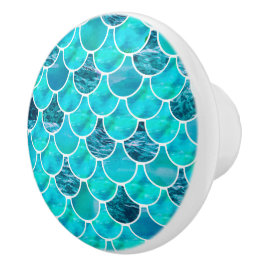 Pomo De Cerámica Escalas de sirena azul turquesa y blanca