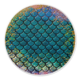 Pomo De Cerámica Escamas de pez sirena glamour azul teñido púrpura 