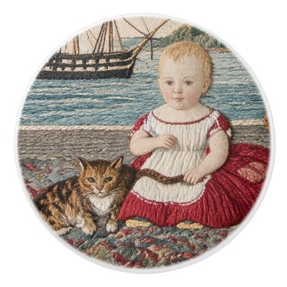 Pomo De Cerámica Escena antigua de sampler Niño con gato