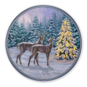 Pomo De Cerámica Escena de invierno de ciervo blanco y árbol de Nav