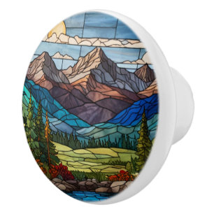 Pomo De Cerámica Escena montañosa de bosque estilo vidrio teñido vi