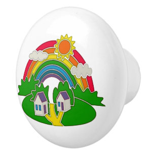 Pomo De Cerámica Escena rural personalizado con arcoiris y casa de 