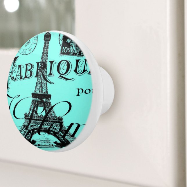 Pomo De Cerámica escritura turquesa aqua verde azulada París Torre  (turquoise aqua teal scripts Paris Eiffel Tower Ceramic Knob)
