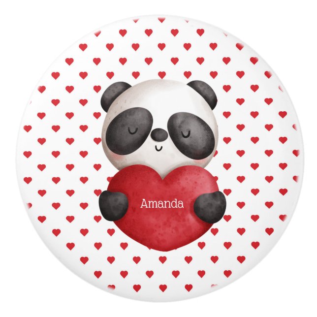 Pomo De Cerámica Espectacular oso Panda con corazón personalizado (Anverso)