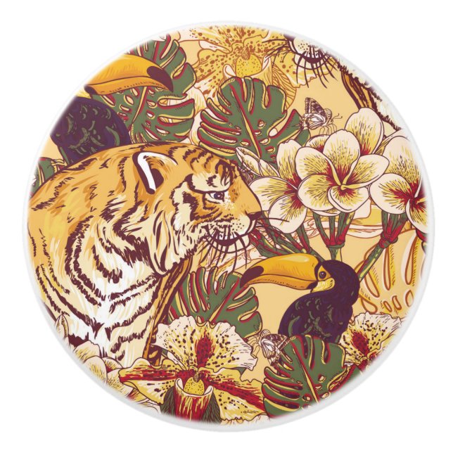 Pomo De Cerámica Estampado de flores tropical con el tigre (Anverso)