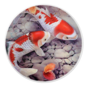 Pomo De Cerámica Estanque de peces rojo y blanco de Koi