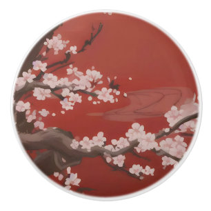 Pomo De Cerámica Estilo de arte japonés Flor de cerezo blanca roja