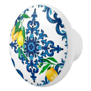 Pomo De Cerámica estilo italiano, mosaico, azul, limón,