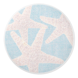 Pomo De Cerámica Estrella de mar blanca y arpillera azul elegante p