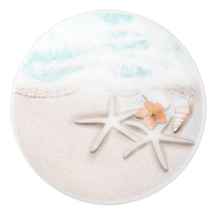 Pomo De Cerámica Estrella de Mar de Playa de Arena Blanca Océano Az