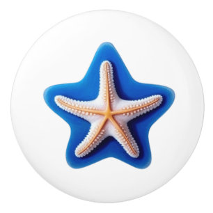 Pomo De Cerámica Estrella de mar naranja en azul