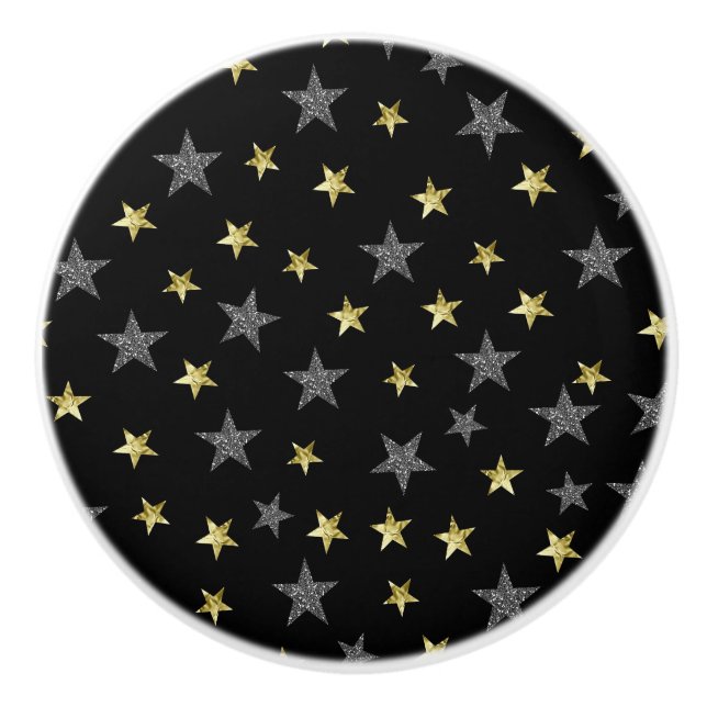 Pomo De Cerámica Estrellas de plata y oro Black Hollywood Star Glam (Anverso)