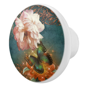 Pomo De Cerámica Ethereal Butterly Bokeh y Peony Verde azulada y Pe