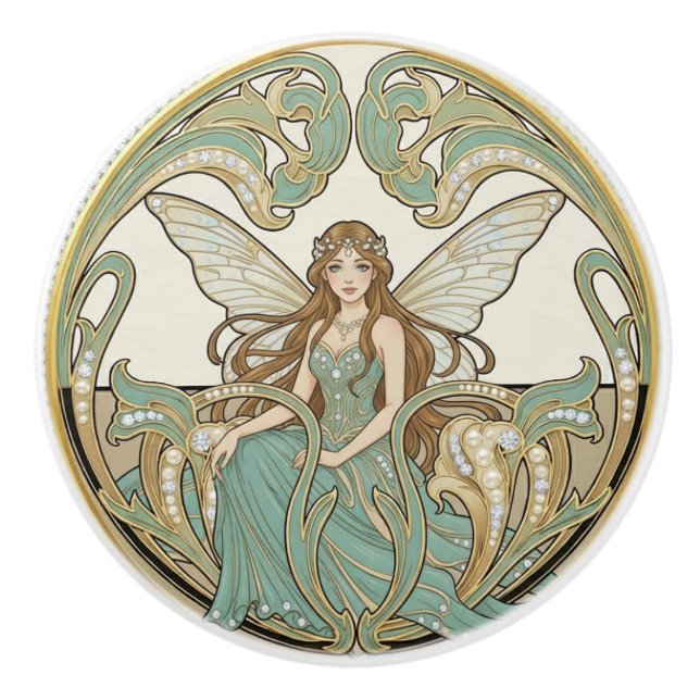 Pomo De Cerámica Fairy Sage Green & Gold Art Deco Nouveau (Anverso)