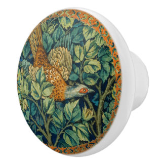 Pomo De Cerámica Faisán del bosque azul hojas verdes Art Nouveau