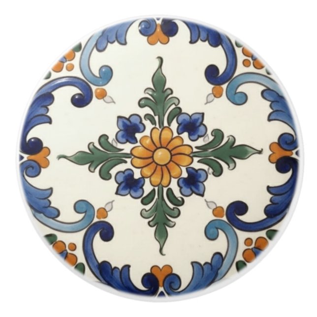 Pomo De Cerámica Farmhouse Folk Flower Mediterranean Blue Orange (Anverso)