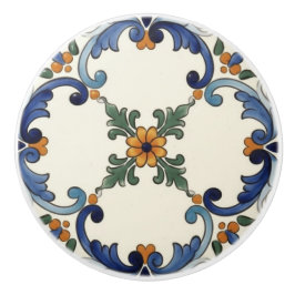 Pomo De Cerámica Farmhouse Folk Flower Mediterranean Blue Orange