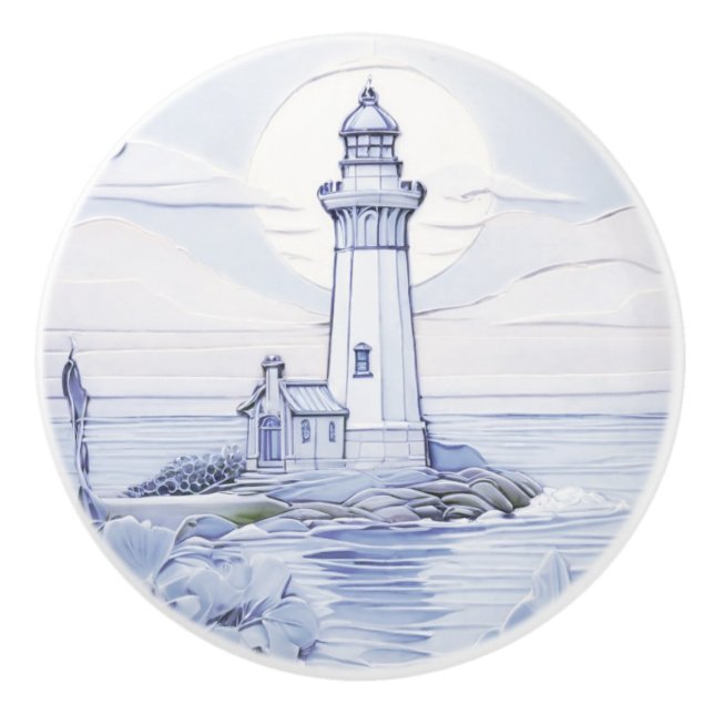 Pomo De Cerámica Faro Art Nouveau Océano azul y blanco (Anverso)
