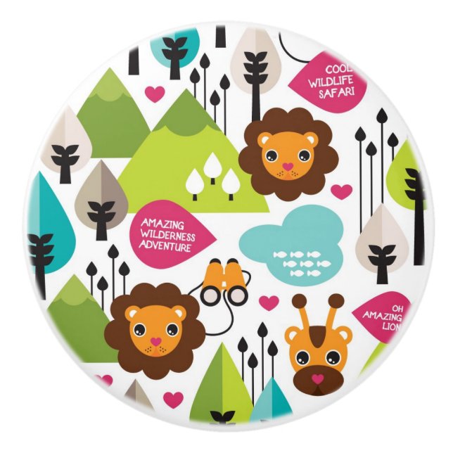 Pomo De Cerámica fauna retra del león del safari de los niños (Anverso)