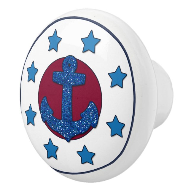 Pomo De Cerámica Faux Blue Purpurina Anchor | Náutica de Blue Stars (Derecha)