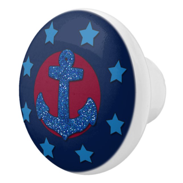 Pomo De Cerámica Faux Blue Purpurina Anchor | Náutico (Derecha)