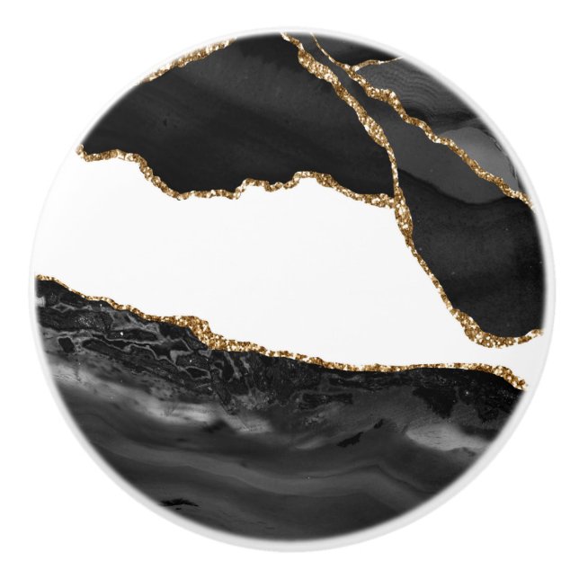 Pomo De Cerámica Faux Marled Agate Black Stylish Luxury (Anverso)