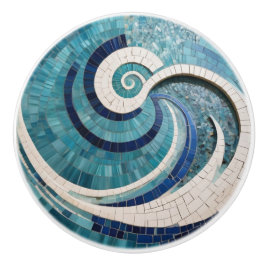 Pomo De Cerámica Faux Mosaic Aqua Blue Swirling Ocean Wave