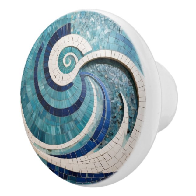 Pomo De Cerámica Faux Mosaic Aqua Blue Swirling Ocean Wave (Derecha)