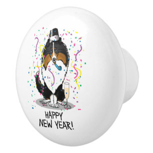 Pomo De Cerámica Feliz Año Nuevo Shetland Sheepdog (triple color) C
