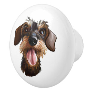 Pomo De Cerámica Feliz Dachshund de cabello alámbrico