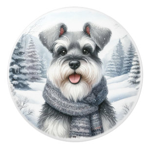 Pomo De Cerámica Feliz Schnauzer en un escarpado arte invernal