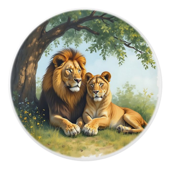 Pomo De Cerámica Female and Male Lions under a Tree (Anverso)