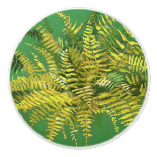 Pomo De Cerámica Fern, frondas, florido, verde dorado verde vegetac