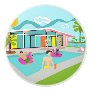 Pomo De Cerámica Fiesta de piscina de flamenco rosa gay retro