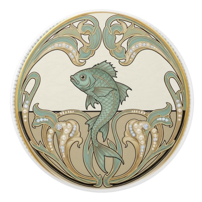 Pomo De Cerámica Fish Green Cream & Gold Art Deco Nouveau Ocean Sea (Anverso)