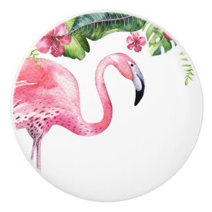 Pomo De Cerámica Flamenco Rosa Hibisco Tropical Isla Verano