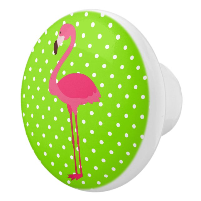Pomo De Cerámica Flamingo de punto de polka rosa y verde (Derecha)