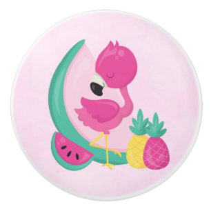 Pomo De Cerámica Flamingo rosa con frutas tropicales