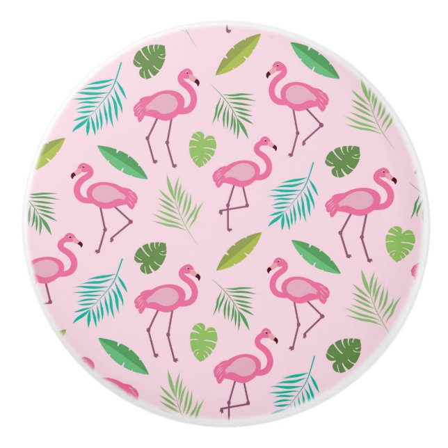 Pomo De Cerámica Flamingo rosa con hojas tropicales personalizadas (Anverso)