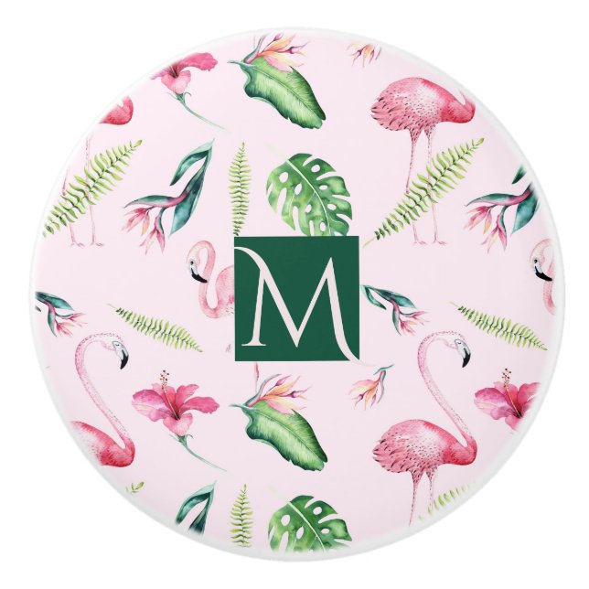Pomo De Cerámica Flamingo rosa Tropical Hibiscus Personalizado de d (Anverso)