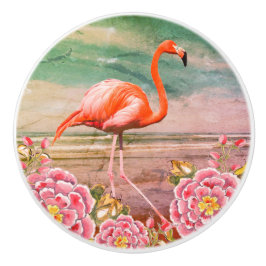 Pomo De Cerámica Flamingo tropical en la playa con flores rosadas V