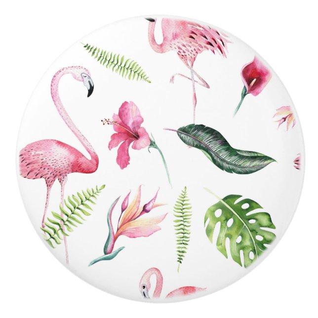 Pomo De Cerámica Flamingo Tropics Isla de Verano Moda Hibiscus Pink (Anverso)