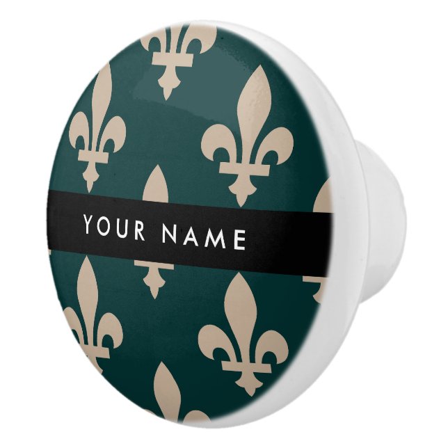 Pomo De Cerámica Fleur de Lis, Beige on Green, Royal, Your Name (Derecha)