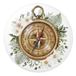 Pomo De Cerámica Flor acuarela y brújula verde