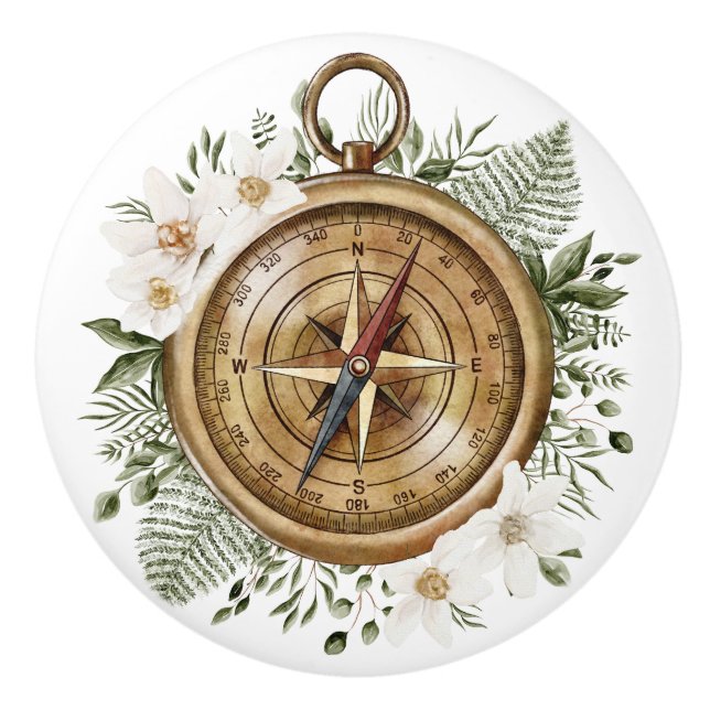 Pomo De Cerámica Flor acuarela y brújula verde (Anverso)