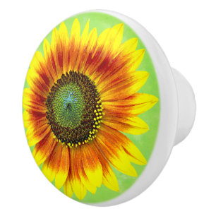Pomo De Cerámica Flor amarilla del girasol y verde floral intrépid